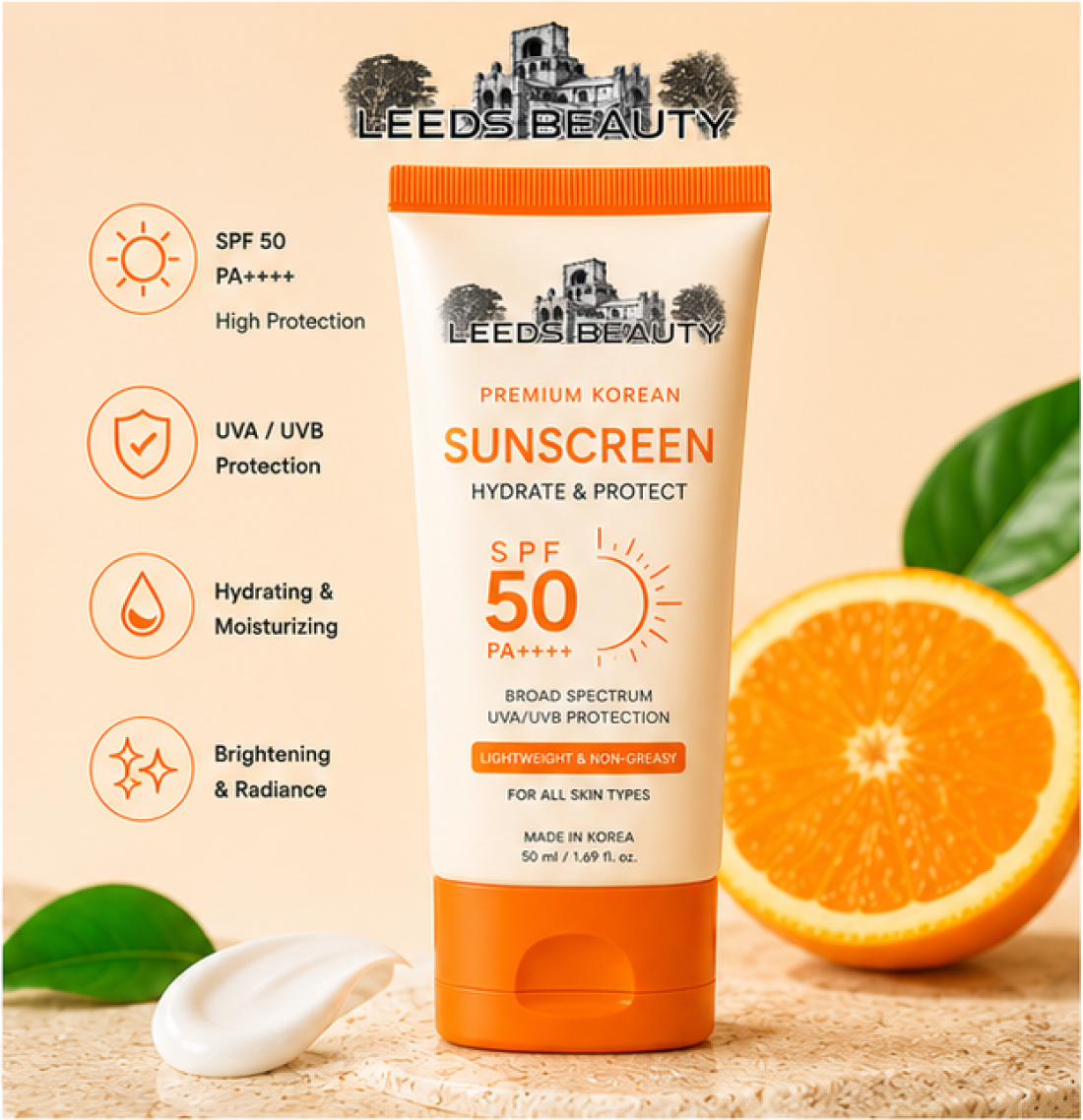 Leeds Beauty SPF50 Face Sunscreen Cream – Hydrating Sun Protection 50ml