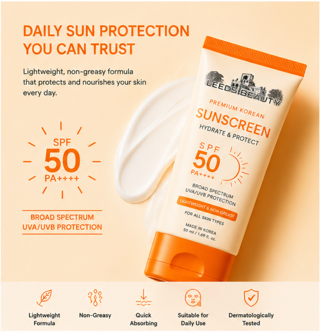 Leeds Beauty SPF50 Face Sunscreen Cream – Hydrating Sun Protection 50ml