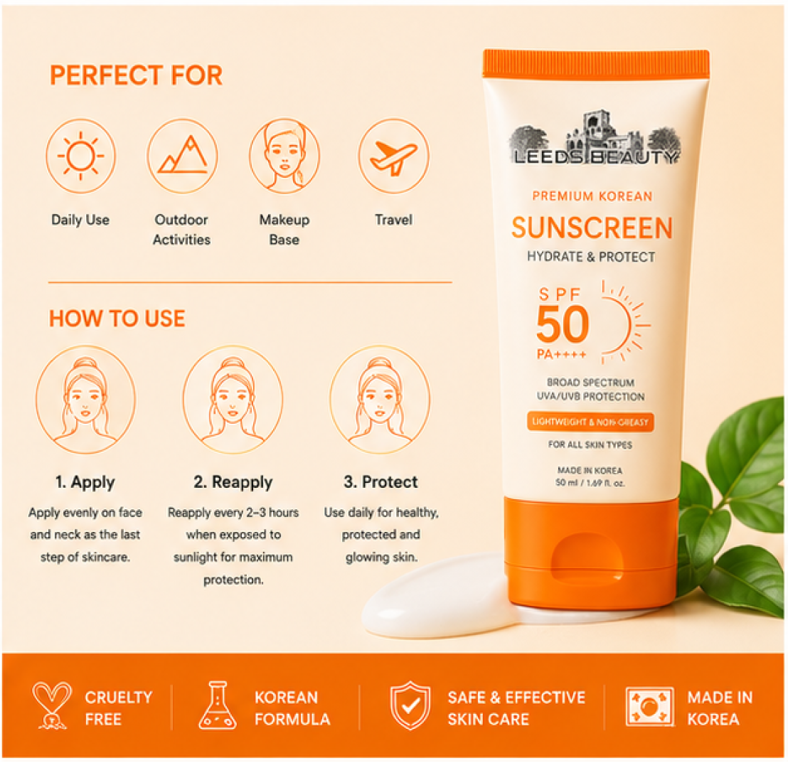 Leeds Beauty SPF50 Face Sunscreen Cream – Hydrating Sun Protection 50ml