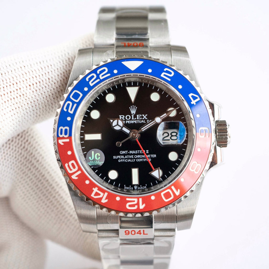 Rolex GMT-Master II with a black dial and a blue and red ceramic bezel