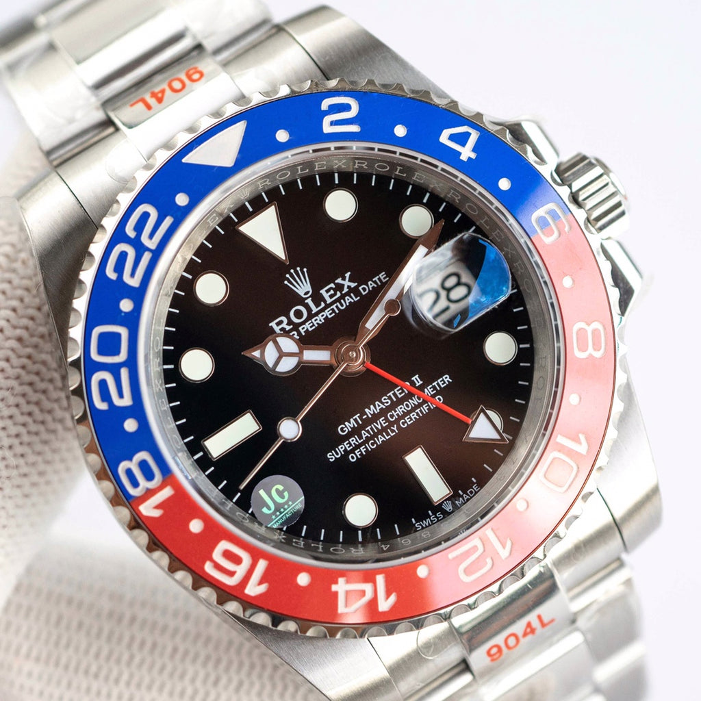 Rolex GMT-Master II with a black dial and a blue and red ceramic bezel