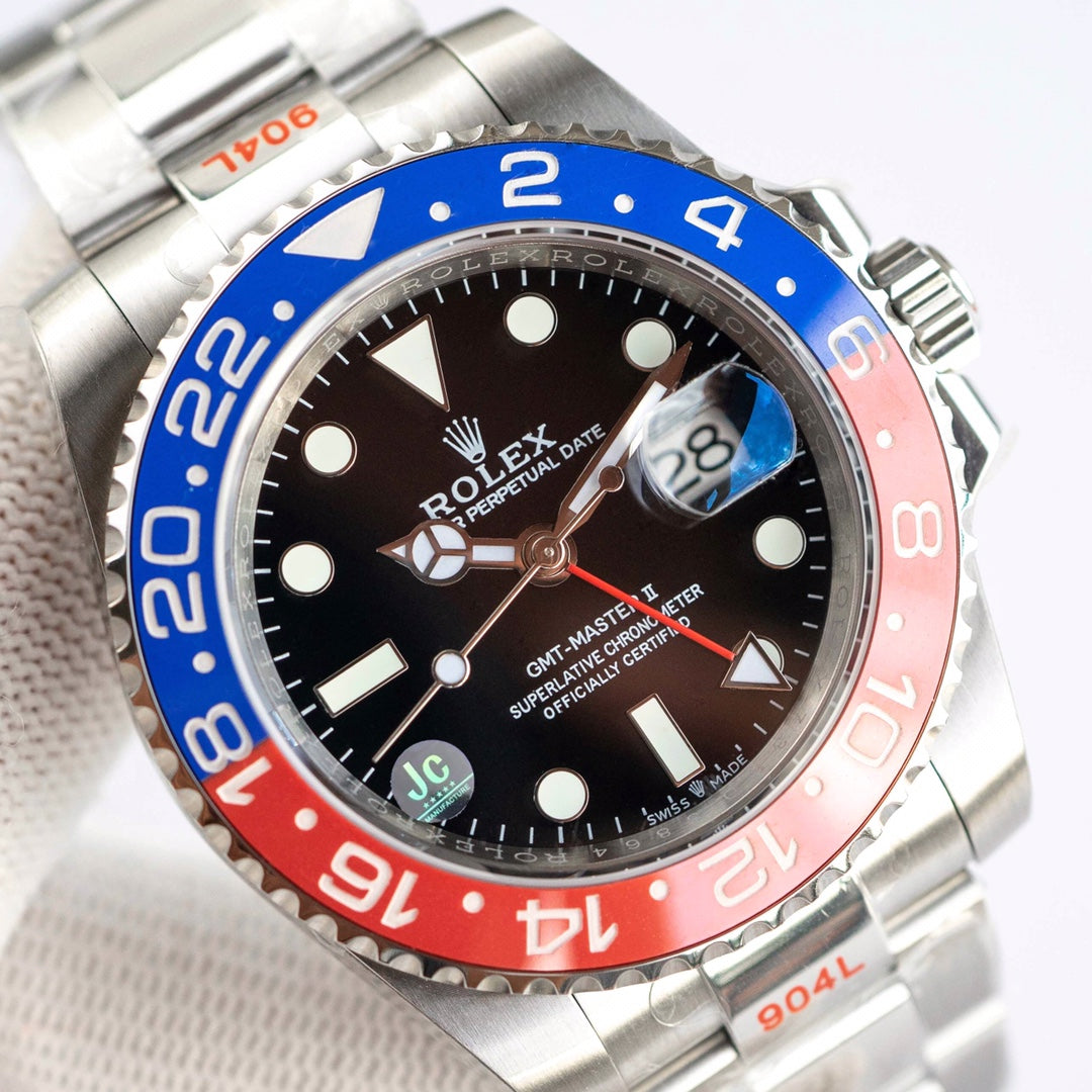 Rolex GMT-Master II with a black dial and a blue and red ceramic bezel